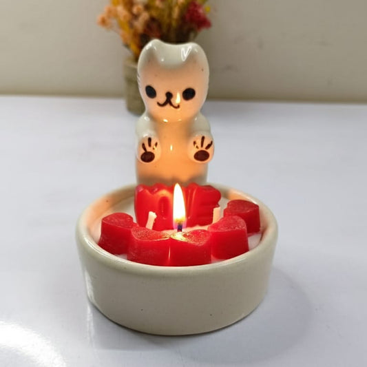 Cute Teddy Bear Ceramic Candle Holder with Red Heart Wax | Handcrafted Decorative Scented Candle