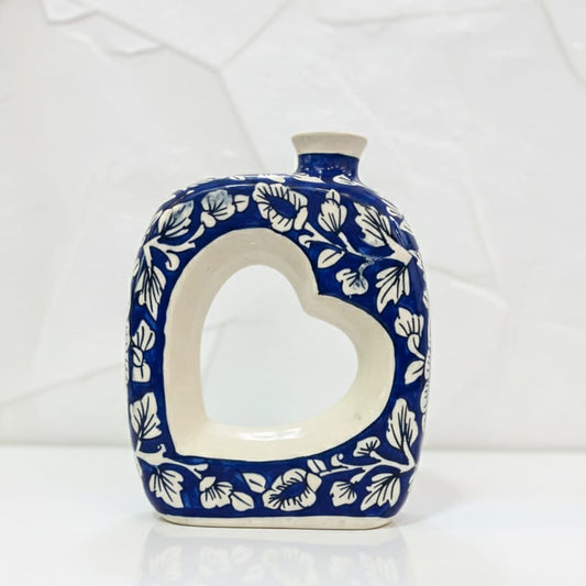 Handcrafted Blue Floral Ceramic Heart Vase | Decorative Home Décor Showpiece