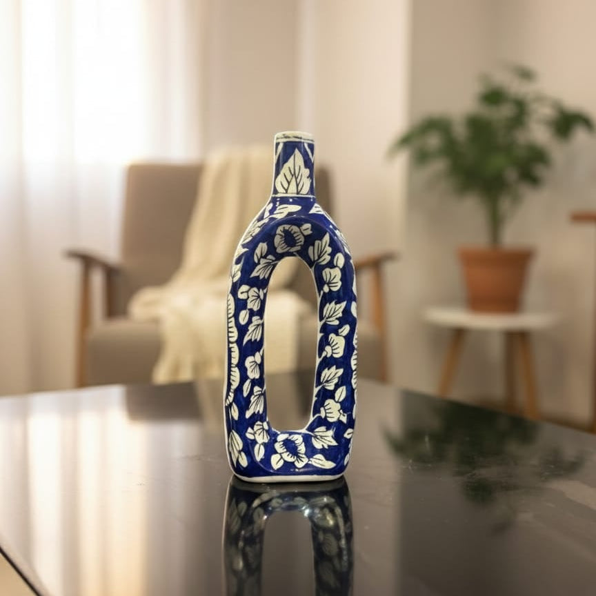 Handcrafted Blue Floral Ceramic Hollow Vase | Modern Home Décor Showpiece