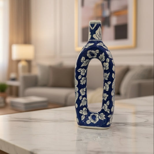Handcrafted Blue Floral Ceramic Hollow Vase | Modern Home Décor Showpiece