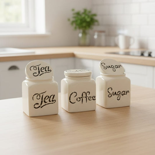Elegant Ceramic Tea Coffee Sugar Jars Set | Minimal Kitchen Storage Containers