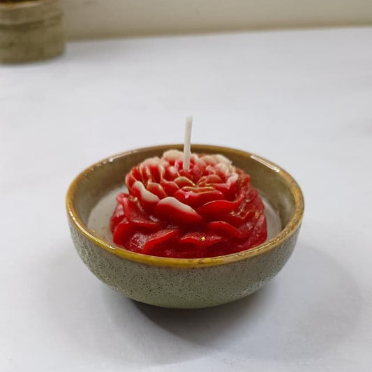 Handcrafted Red Rose Candle in Ceramic Bowl | Romantic Floral Scented Decor Candle