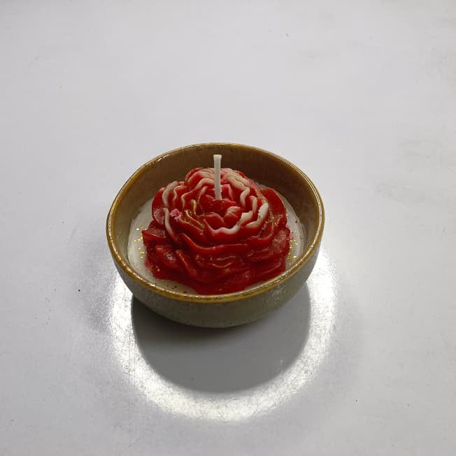 Handcrafted Red Rose Candle in Ceramic Bowl | Romantic Floral Scented Decor Candle