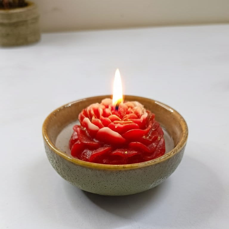 Handcrafted Red Rose Candle in Ceramic Bowl | Romantic Floral Scented Decor Candle