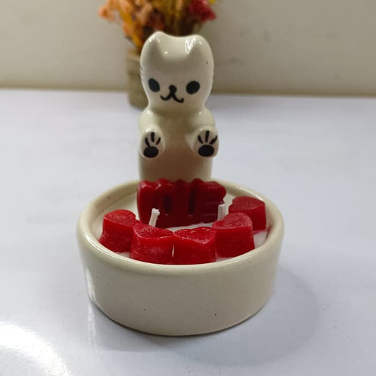 Cute Teddy Bear Ceramic Candle Holder with Red Heart Wax | Handcrafted Decorative Scented Candle